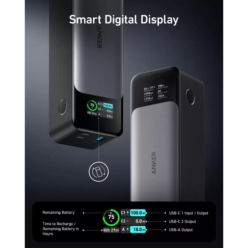 Portable charger Anker 737 (A1289011) — 24000 mAh, 140W, 2× USB-C + 1× USB-A, Silver/Black