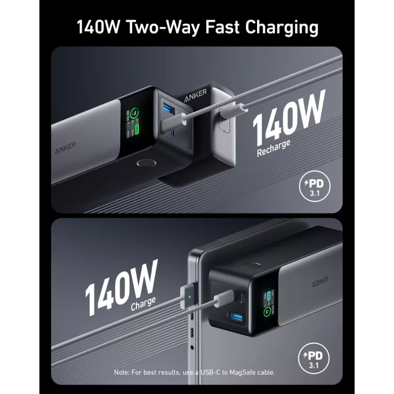 Portable charger Anker 737 (A1289011) — 24000 mAh, 140W, 2× USB-C + 1× USB-A, Silver/Black