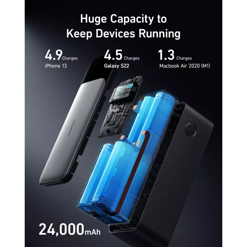 Portable charger Anker 737 (A1289011) — 24000 mAh, 140W, 2× USB-C + 1× USB-A, Silver/Black
