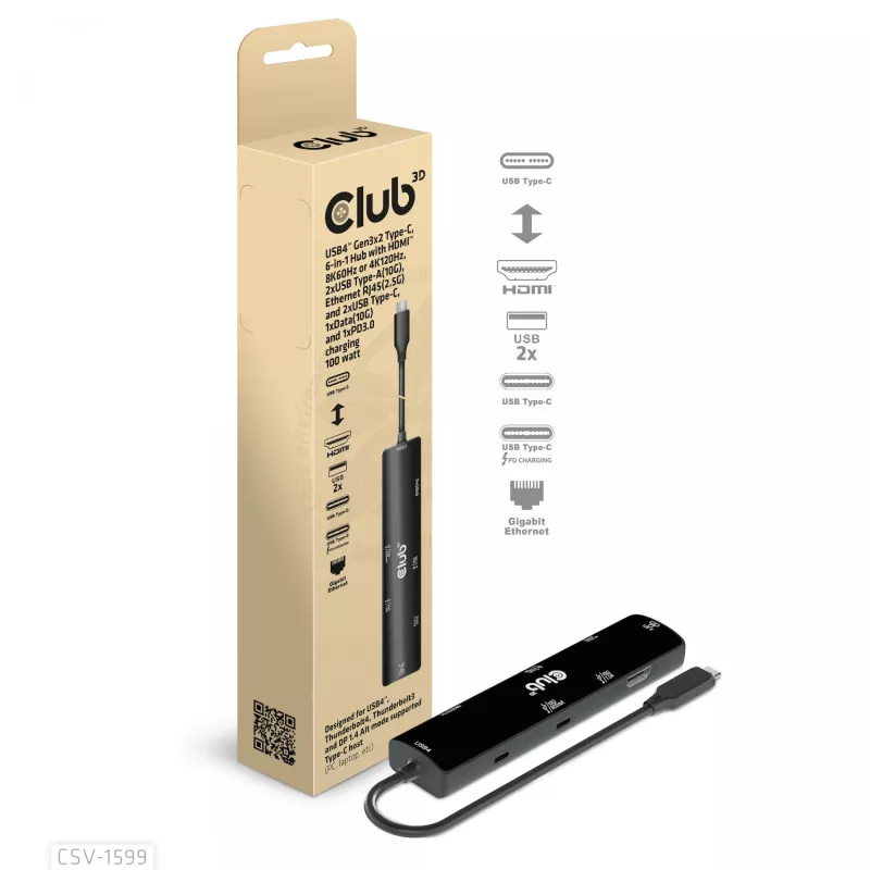 CLUB3D USB4™ Gen3x2 Type-C, 6-in-1 Hub with HDMI™ 8K60Hz or 4K120Hz, 2xUSB Type-A(10G), Ethernet RJ45(2.5G) and 2xUSB Type-C, 1x Data(10G) and 1xPD3.0 charging 100 watt