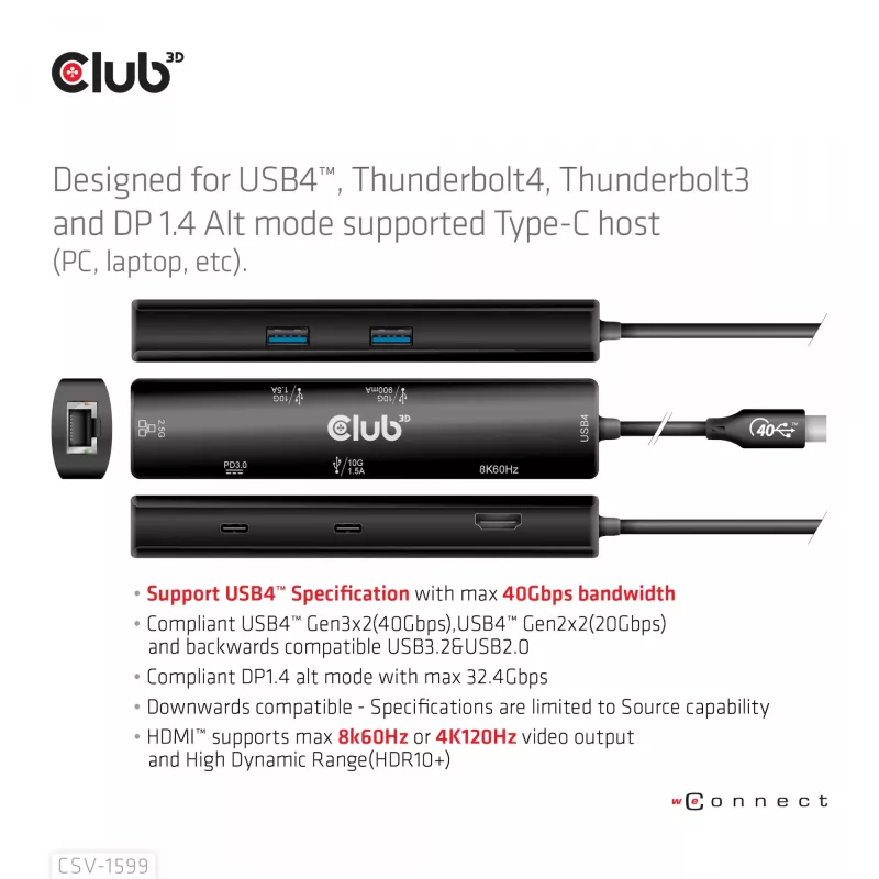 CLUB3D USB4™ Gen3x2 Type-C, 6-in-1 Hub with HDMI™ 8K60Hz or 4K120Hz, 2xUSB Type-A(10G), Ethernet RJ45(2.5G) and 2xUSB Type-C, 1x Data(10G) and 1xPD3.0 charging 100 watt