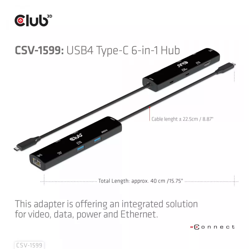CLUB3D USB4™ Gen3x2 Type-C, 6-in-1 Hub with HDMI™ 8K60Hz or 4K120Hz, 2xUSB Type-A(10G), Ethernet RJ45(2.5G) and 2xUSB Type-C, 1x Data(10G) and 1xPD3.0 charging 100 watt