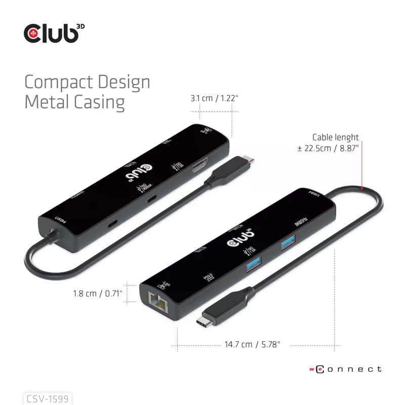 CLUB3D USB4™ Gen3x2 Type-C, 6-in-1 Hub with HDMI™ 8K60Hz or 4K120Hz, 2xUSB Type-A(10G), Ethernet RJ45(2.5G) and 2xUSB Type-C, 1x Data(10G) and 1xPD3.0 charging 100 watt