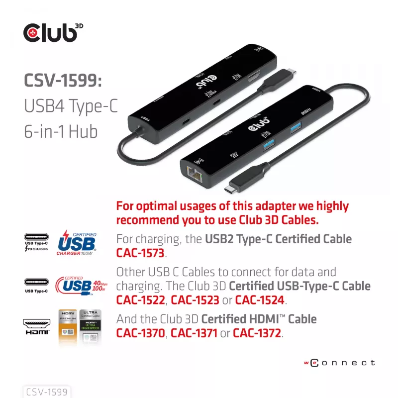 CLUB3D USB4™ Gen3x2 Type-C, 6-in-1 Hub with HDMI™ 8K60Hz or 4K120Hz, 2xUSB Type-A(10G), Ethernet RJ45(2.5G) and 2xUSB Type-C, 1x Data(10G) and 1xPD3.0 charging 100 watt
