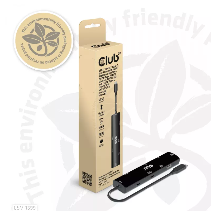CLUB3D USB4™ Gen3x2 Type-C, 6-in-1 Hub with HDMI™ 8K60Hz or 4K120Hz, 2xUSB Type-A(10G), Ethernet RJ45(2.5G) and 2xUSB Type-C, 1x Data(10G) and 1xPD3.0 charging 100 watt