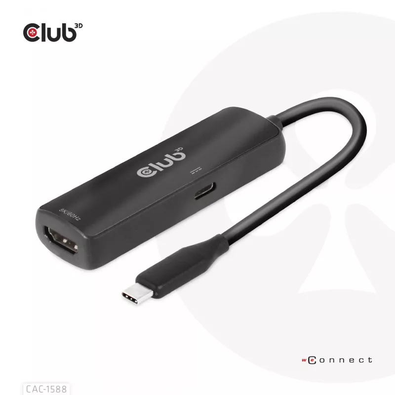 CLUB3D USB Gen2 Type-C to HDMI™ 8K60Hz or 4K120Hz HDR10+ with DSC1.2 with Power Delivery 3.0 Active Adapter M/F