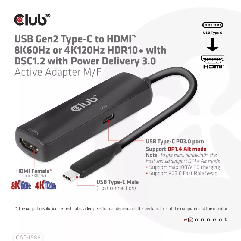 CLUB3D USB Gen2 Type-C to HDMI™ 8K60Hz or 4K120Hz HDR10+ with DSC1.2 with Power Delivery 3.0 Active Adapter M/F