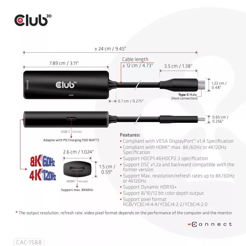 CLUB3D USB Gen2 Type-C to HDMI™ 8K60Hz or 4K120Hz HDR10+ with DSC1.2 with Power Delivery 3.0 Active Adapter M/F