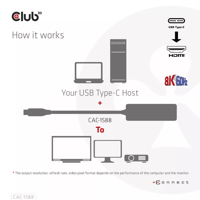 CLUB3D USB Gen2 Type-C to HDMI™ 8K60Hz or 4K120Hz HDR10+ with DSC1.2 with Power Delivery 3.0 Active Adapter M/F