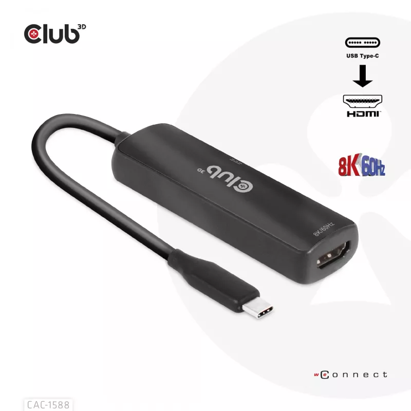 CLUB3D USB Gen2 Type-C to HDMI™ 8K60Hz or 4K120Hz HDR10+ with DSC1.2 with Power Delivery 3.0 Active Adapter M/F
