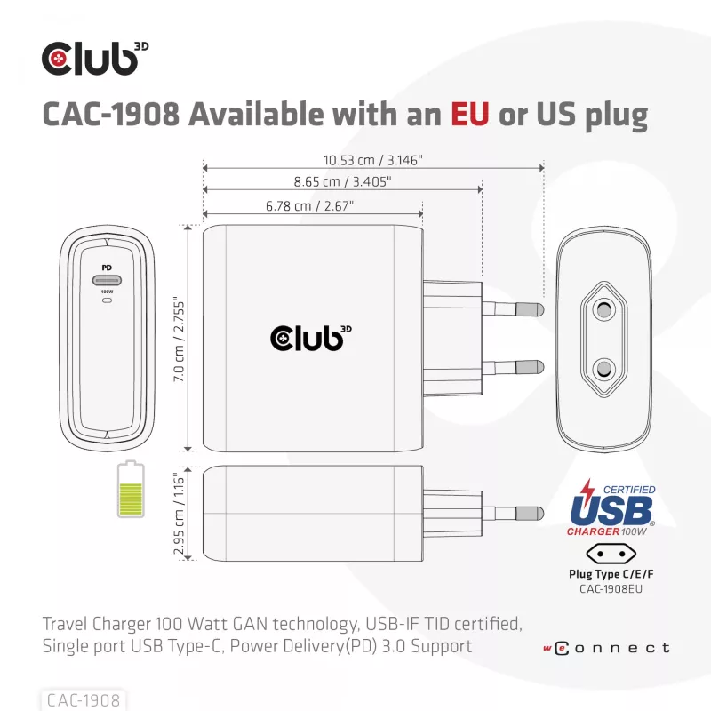 CLUB3D Travel Charger 100 Watt GAN technology, USB-IF TID certified, Single port USB Type-C, Power Delivery(PD) 3.0 Support