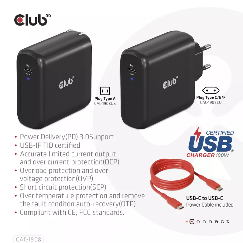 CLUB3D Travel Charger 100 Watt GAN technology, USB-IF TID certified, Single port USB Type-C, Power Delivery(PD) 3.0 Support