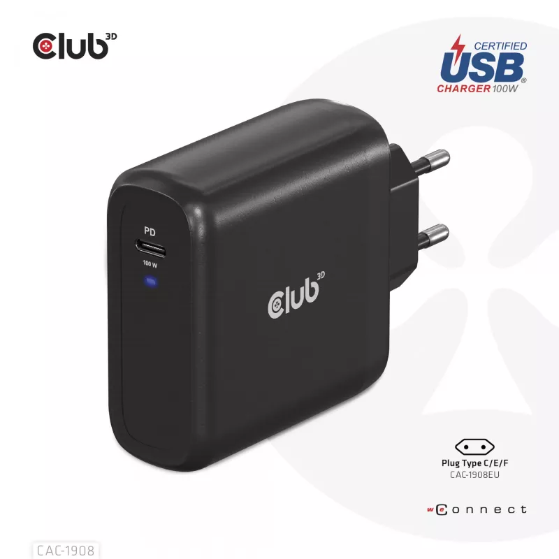 CLUB3D Travel Charger 100 Watt GAN technology, USB-IF TID certified, Single port USB Type-C, Power Delivery(PD) 3.0 Support