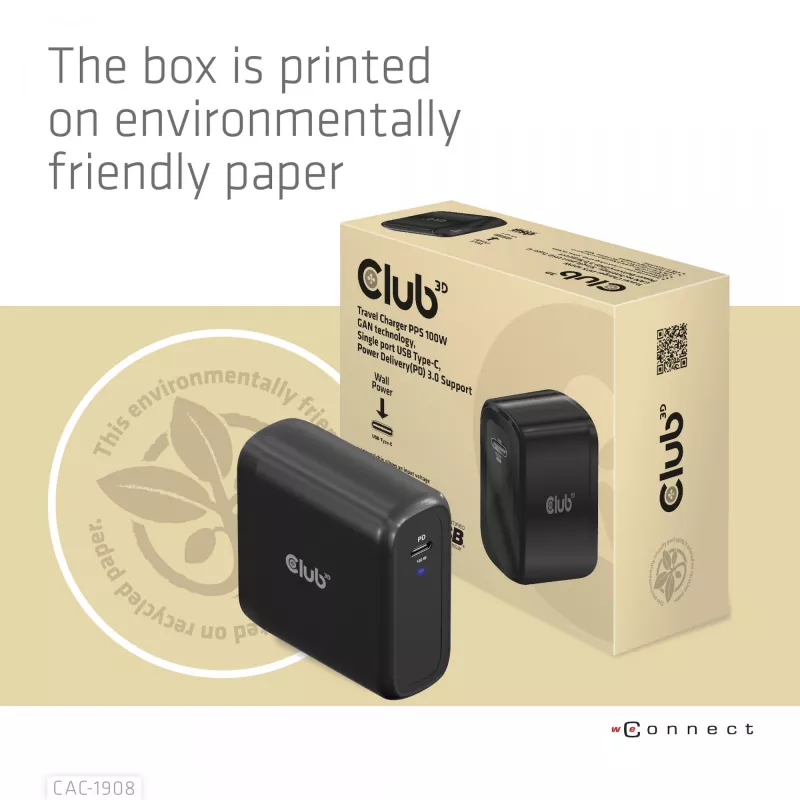 CLUB3D Travel Charger 100 Watt GAN technology, USB-IF TID certified, Single port USB Type-C, Power Delivery(PD) 3.0 Support