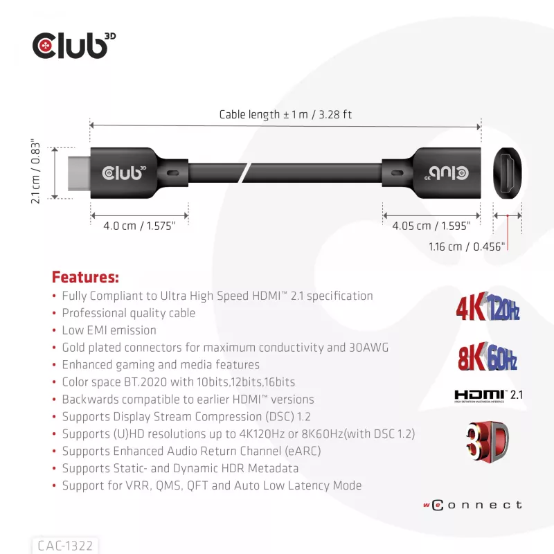 CLUB3D Ultra High Speed HDMI Extension Cable 4K120Hz 8K60Hz 48Gbps M/F 1 m / 3.28 ft 30AWG