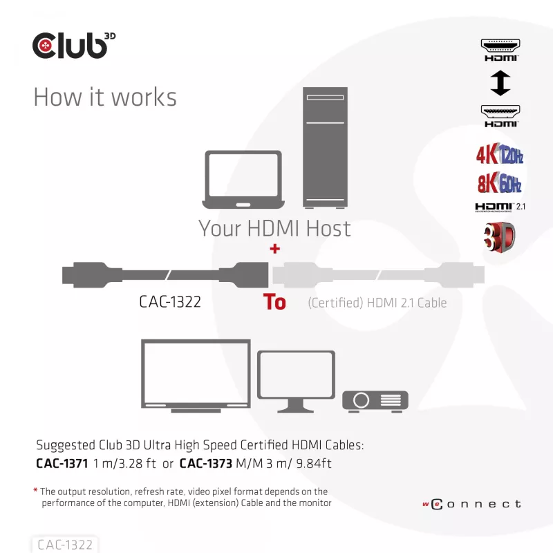 CLUB3D Ultra High Speed HDMI Extension Cable 4K120Hz 8K60Hz 48Gbps M/F 1 m / 3.28 ft 30AWG