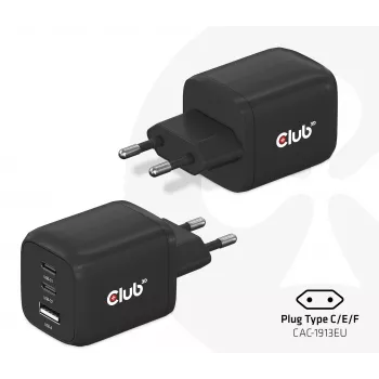 CLUB3D Travel Charger PPS 65Watt GAN technology, Triple port (2x USB Type-C + USB Type-A) Power Delivery(PD) 3.0 Support