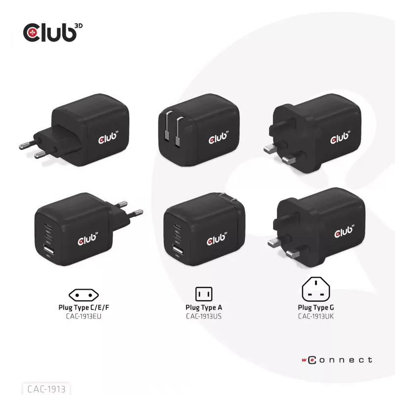 CLUB3D Travel Charger PPS 65Watt GAN technology, Triple port (2x USB Type-C + USB Type-A) Power Delivery(PD) 3.0 Support