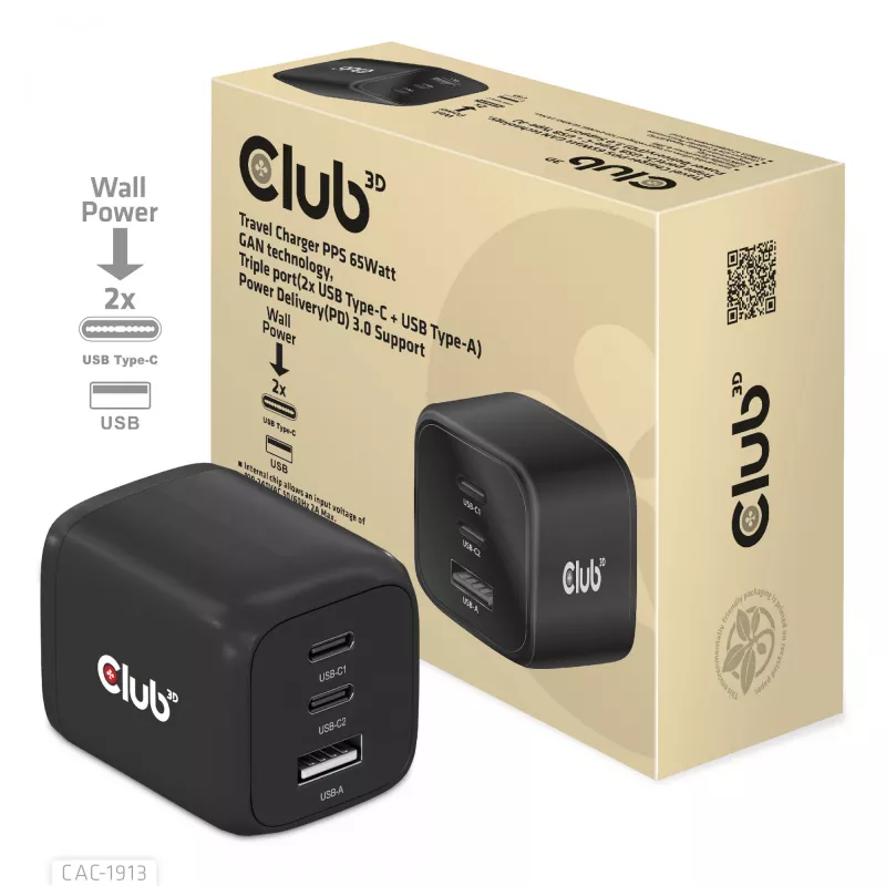 CLUB3D Travel Charger PPS 65Watt GAN technology, Triple port (2x USB Type-C + USB Type-A) Power Delivery(PD) 3.0 Support