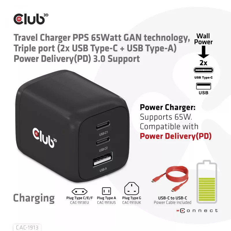 CLUB3D Travel Charger PPS 65Watt GAN technology, Triple port (2x USB Type-C + USB Type-A) Power Delivery(PD) 3.0 Support