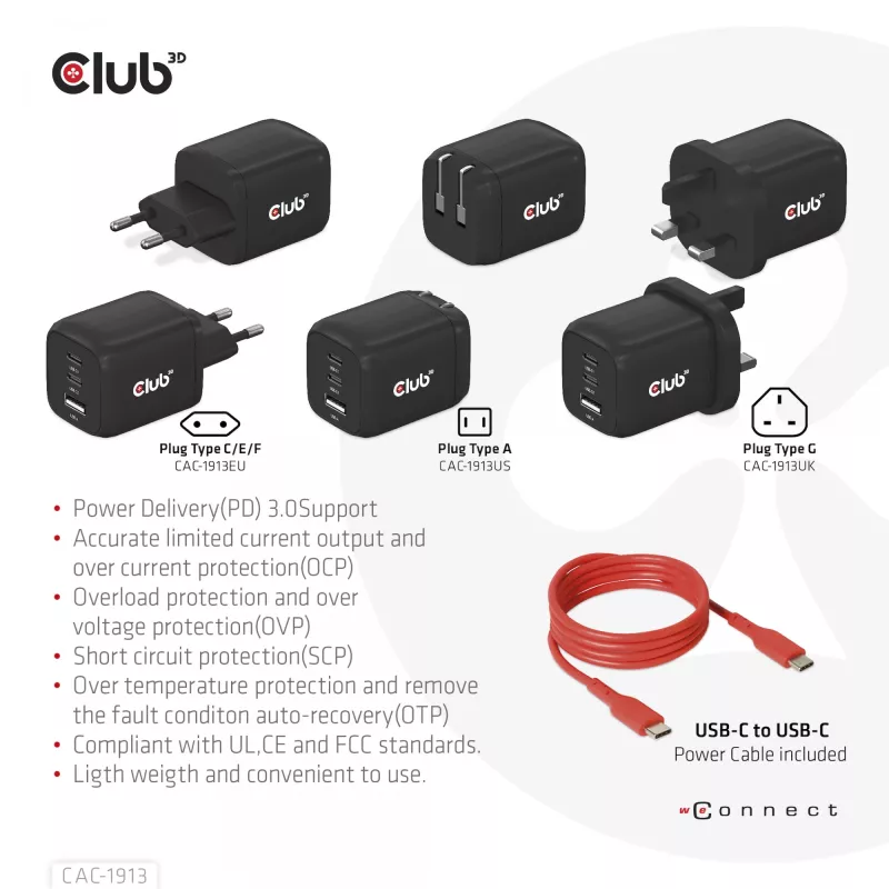 CLUB3D Travel Charger PPS 65Watt GAN technology, Triple port (2x USB Type-C + USB Type-A) Power Delivery(PD) 3.0 Support