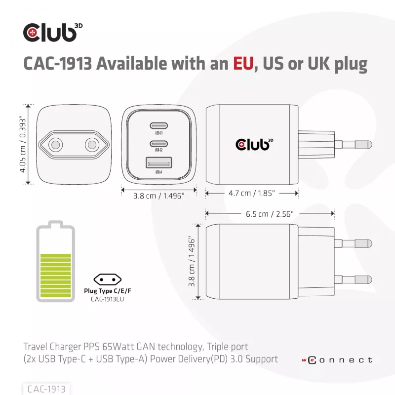 CLUB3D Travel Charger PPS 65Watt GAN technology, Triple port (2x USB Type-C + USB Type-A) Power Delivery(PD) 3.0 Support