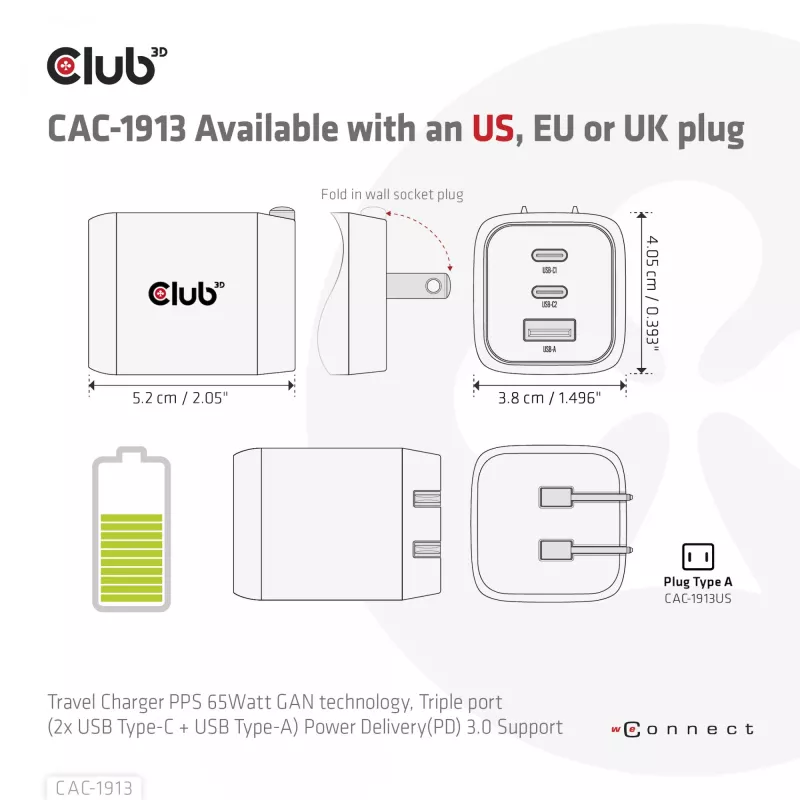 CLUB3D Travel Charger PPS 65Watt GAN technology, Triple port (2x USB Type-C + USB Type-A) Power Delivery(PD) 3.0 Support
