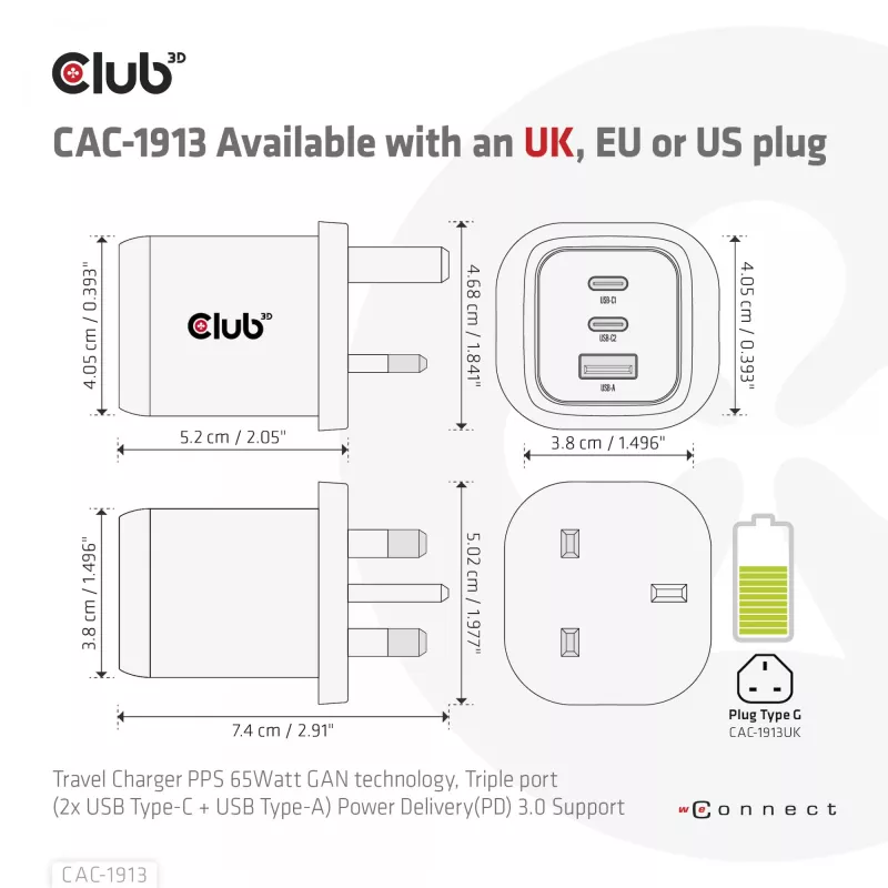 CLUB3D Travel Charger PPS 65Watt GAN technology, Triple port (2x USB Type-C + USB Type-A) Power Delivery(PD) 3.0 Support