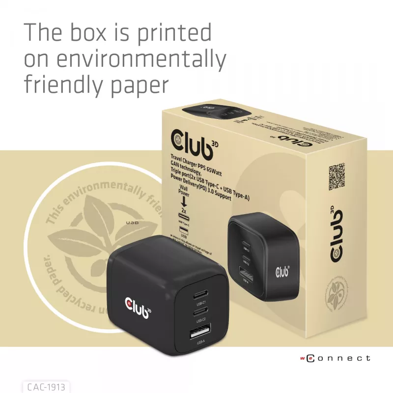 CLUB3D Travel Charger PPS 65Watt GAN technology, Triple port (2x USB Type-C + USB Type-A) Power Delivery(PD) 3.0 Support