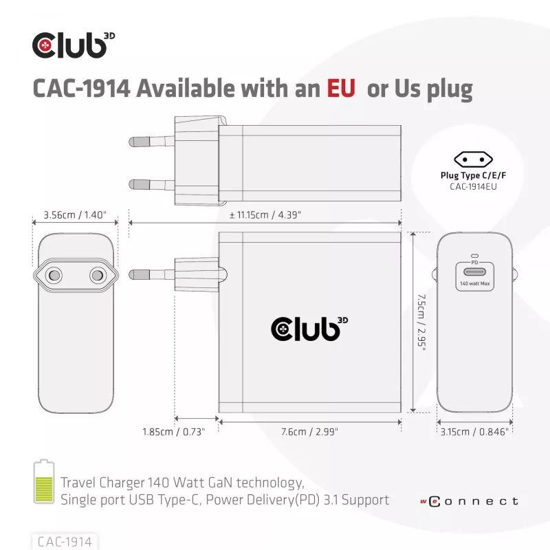 CLUB3D Travel Charger 140 Watt GaN technology, Single port USB Type-C, Power Delivery(PD) 3.1 Support