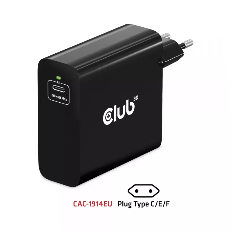 CLUB3D Travel Charger 140 Watt GaN technology, Single port USB Type-C, Power Delivery(PD) 3.1 Support