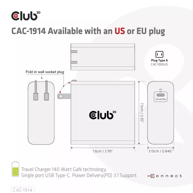 CLUB3D Travel Charger 140 Watt GaN technology, Single port USB Type-C, Power Delivery(PD) 3.1 Support