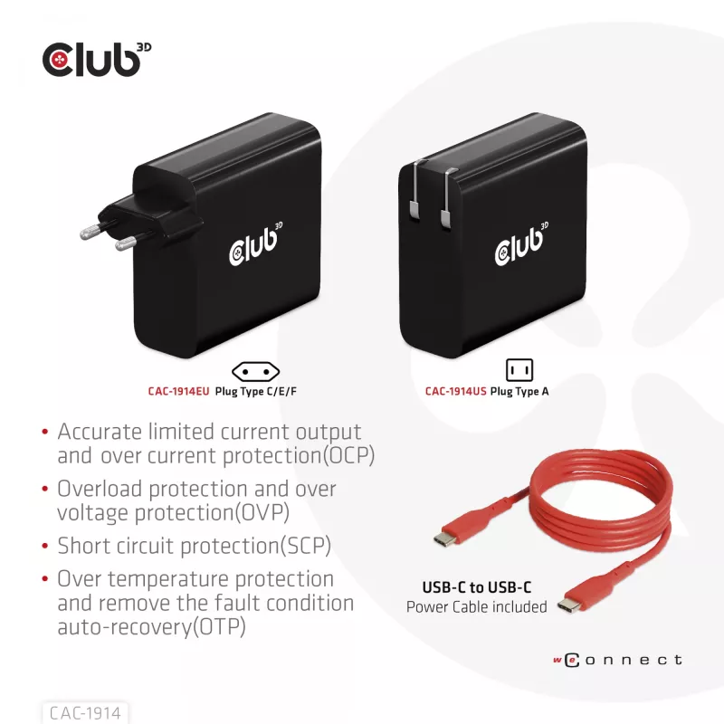 CLUB3D Travel Charger 140 Watt GaN technology, Single port USB Type-C, Power Delivery(PD) 3.1 Support
