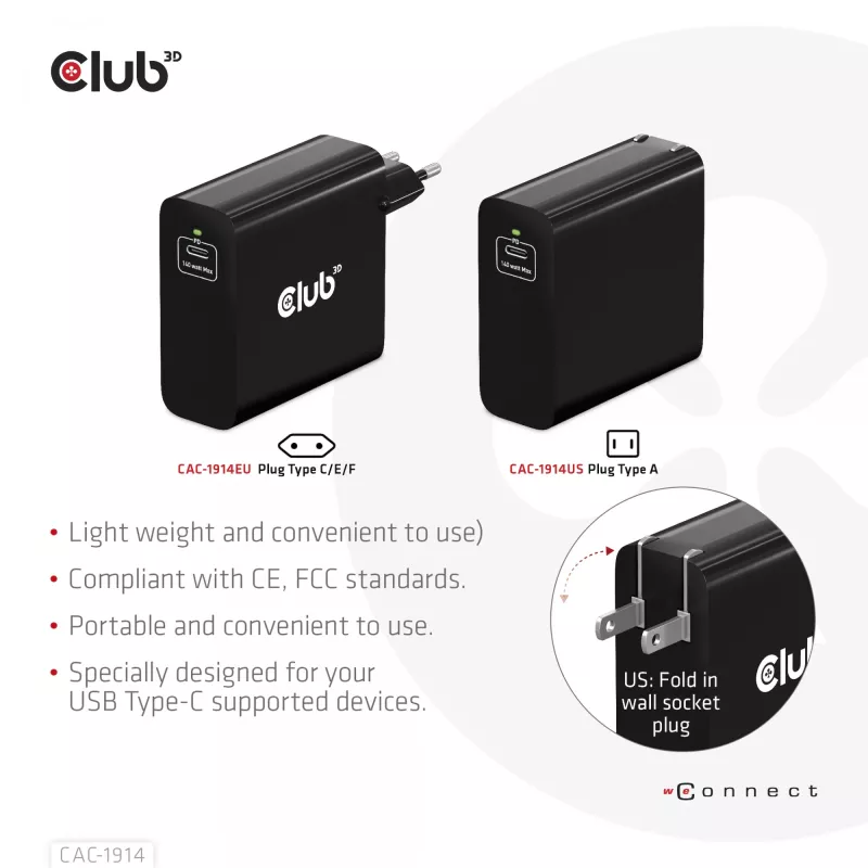 CLUB3D Travel Charger 140 Watt GaN technology, Single port USB Type-C, Power Delivery(PD) 3.1 Support
