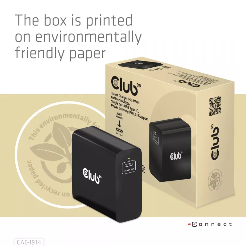 CLUB3D Travel Charger 140 Watt GaN technology, Single port USB Type-C, Power Delivery(PD) 3.1 Support