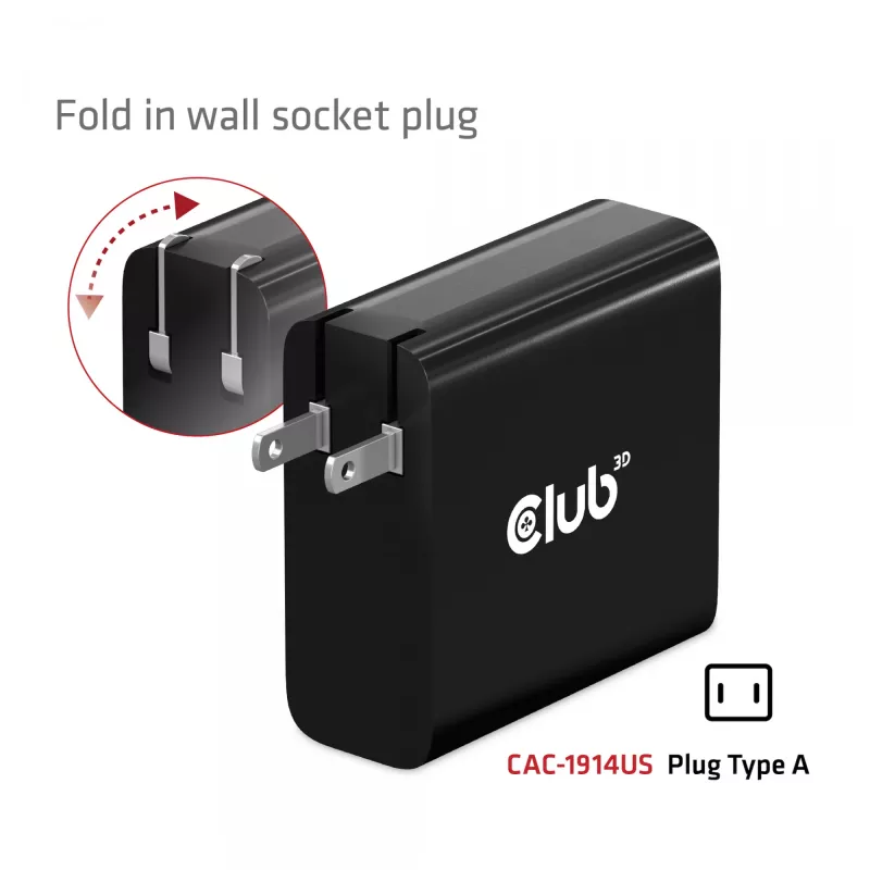 CLUB3D Travel Charger 140 Watt GaN technology, Single port USB Type-C, Power Delivery(PD) 3.1 Support