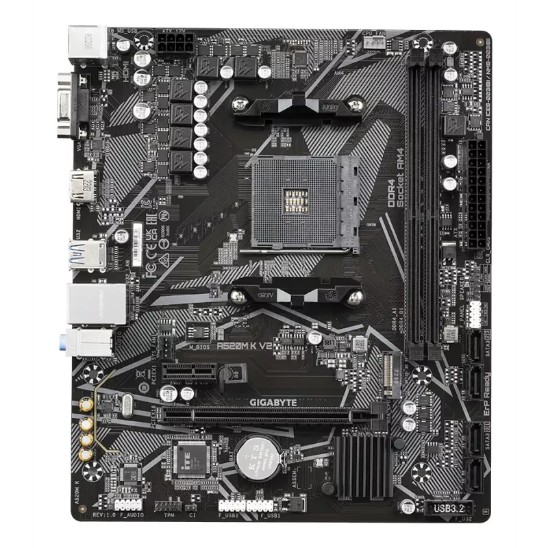 GIGABYTE A520M K V2 Motherboard - Supports AMD Ryzen 5000 Series AM4 CPUs, up to 5100MHz DDR4 (OC), PCIe Gen3 x4 M.2, GbE LAN, USB 3.2 Gen 1