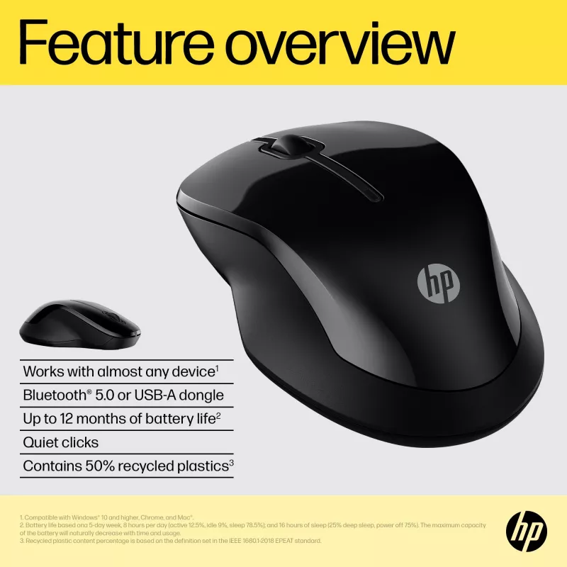 HP 250 Dual Mouse, Ambidextrous, Bluetooth + USB Type-A, 1600 DPI, Black