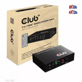 CLUB3D 3 to 1 HDMI™ 8K60Hz/4K120Hz Switch, 7680 x 4320 pixels, 8K Ultra HD, Black