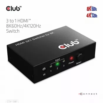 CLUB3D 3 to 1 HDMI™ 8K60Hz/4K120Hz Switch, 7680 x 4320 pixels, 8K Ultra HD, Black