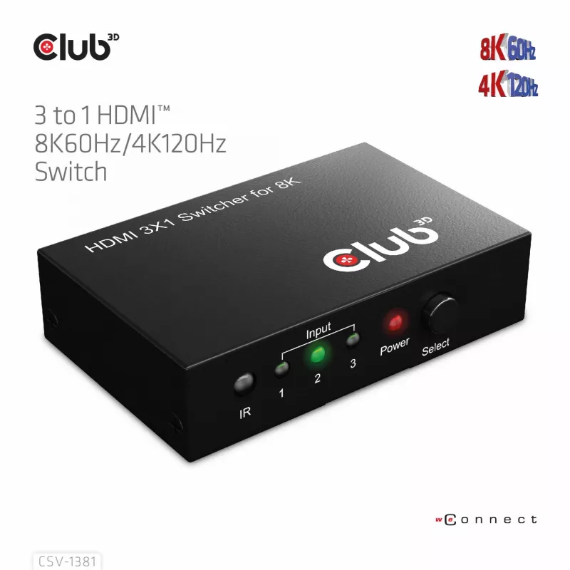 CLUB3D 3 to 1 HDMI™ 8K60Hz/4K120Hz Switch, 7680 x 4320 pixels, 8K Ultra HD, Black