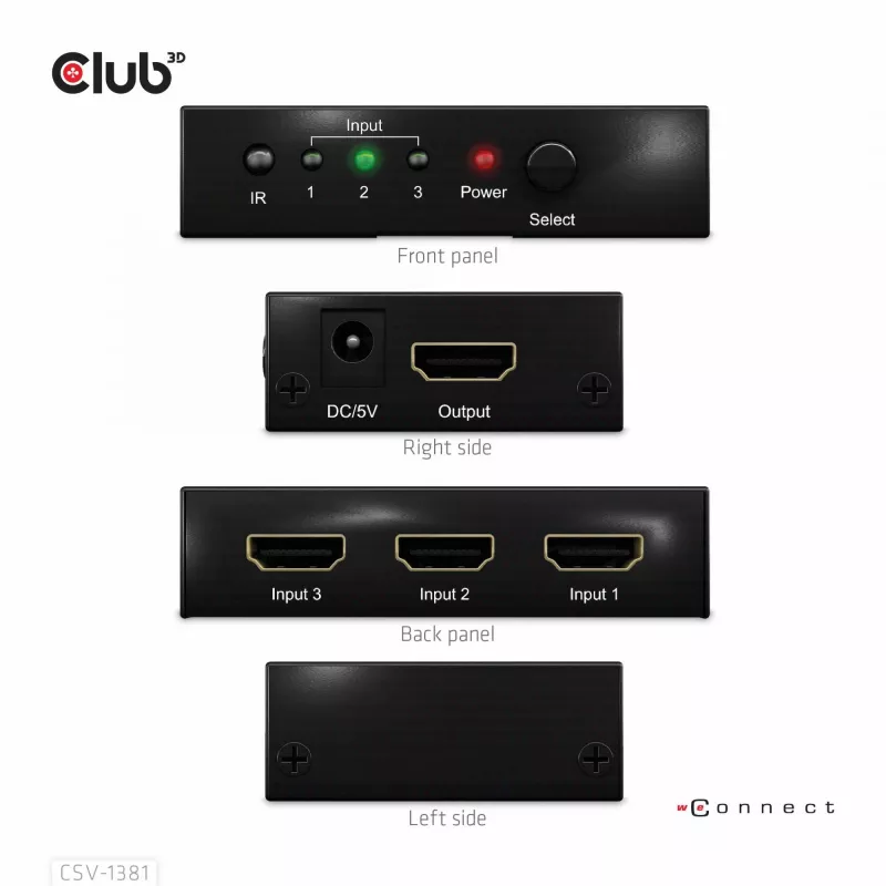 CLUB3D 3 to 1 HDMI™ 8K60Hz/4K120Hz Switch, 7680 x 4320 pixels, 8K Ultra HD, Black