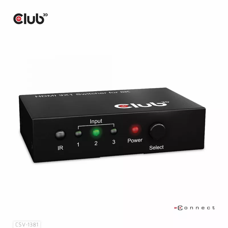 CLUB3D 3 to 1 HDMI™ 8K60Hz/4K120Hz Switch, 7680 x 4320 pixels, 8K Ultra HD, Black
