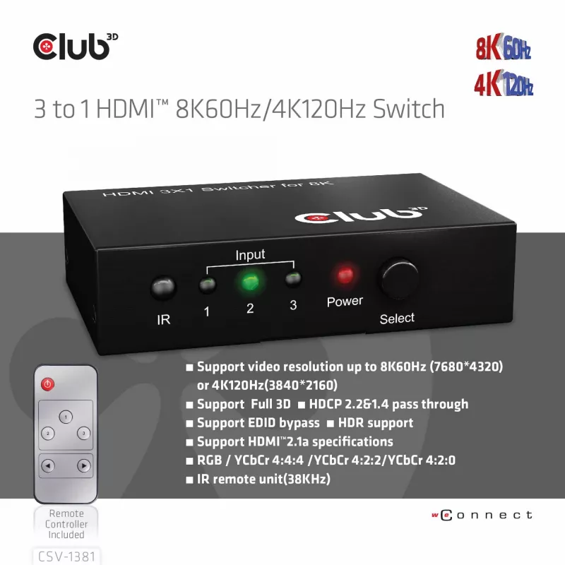 CLUB3D 3 to 1 HDMI™ 8K60Hz/4K120Hz Switch, 7680 x 4320 pixels, 8K Ultra HD, Black