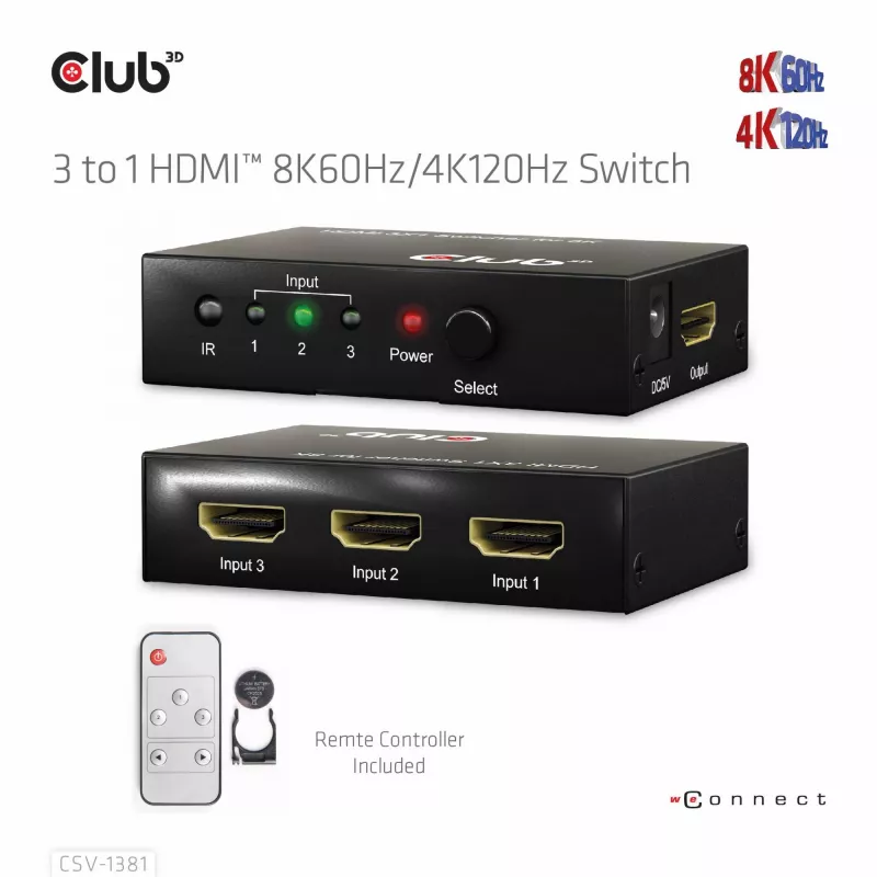 CLUB3D 3 to 1 HDMI™ 8K60Hz/4K120Hz Switch, 7680 x 4320 pixels, 8K Ultra HD, Black
