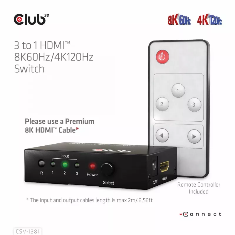 CLUB3D 3 to 1 HDMI™ 8K60Hz/4K120Hz Switch, 7680 x 4320 pixels, 8K Ultra HD, Black