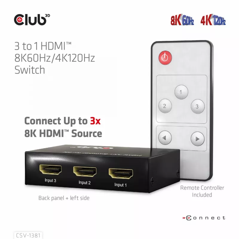 CLUB3D 3 to 1 HDMI™ 8K60Hz/4K120Hz Switch, 7680 x 4320 pixels, 8K Ultra HD, Black