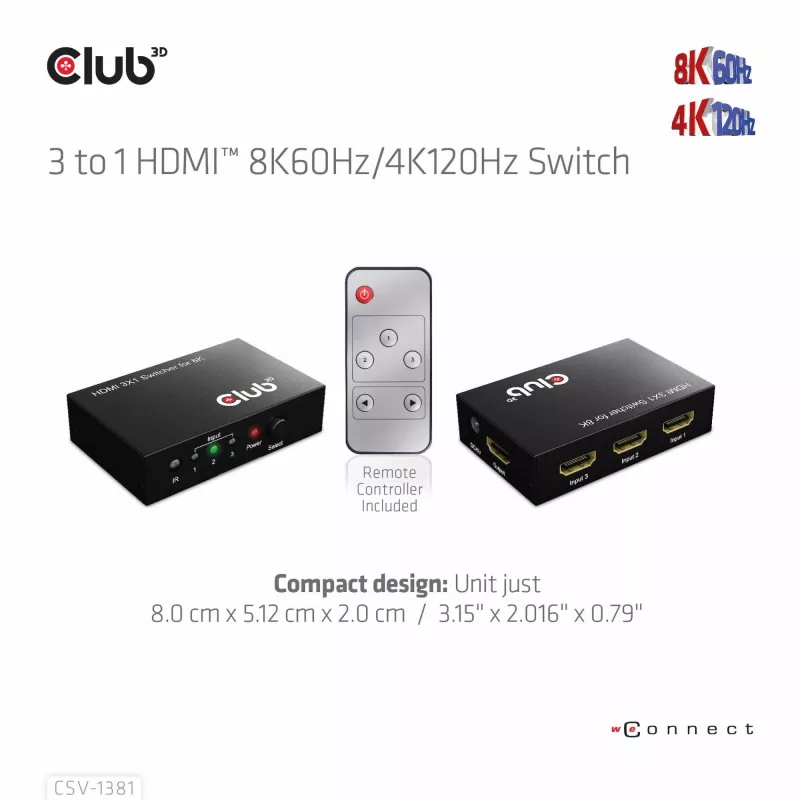 CLUB3D 3 to 1 HDMI™ 8K60Hz/4K120Hz Switch, 7680 x 4320 pixels, 8K Ultra HD, Black