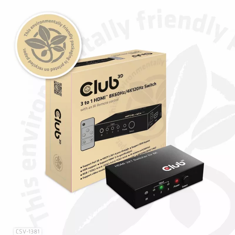 CLUB3D 3 to 1 HDMI™ 8K60Hz/4K120Hz Switch, 7680 x 4320 pixels, 8K Ultra HD, Black