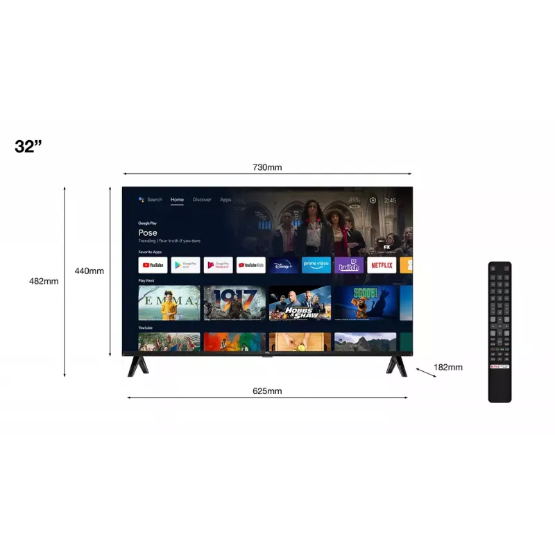 TV TCL 32S5400A 32 inch HD LED (1366x768), Android TV, Direct‑LED, 2×HDMI, HDR10, Bluetooth 5.0